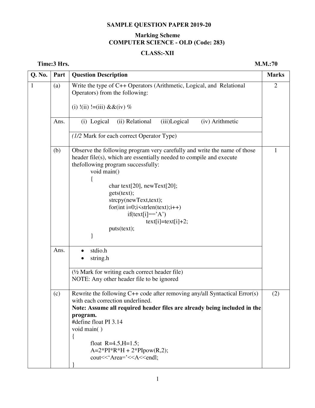 CBSE Class 12 Marking Scheme 2020 for Computer Science Old - Page 1