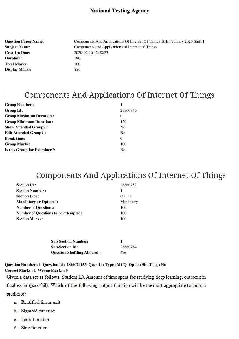 ARPIT 2020 Question Paper for Components and Applications of Internet of Things Shift 1 - Page 1