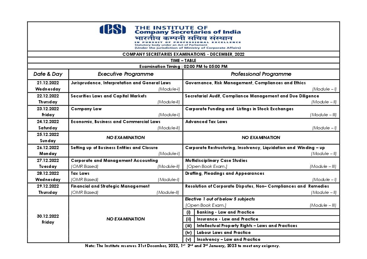 ICSI CS Executive and Professional December 2022 Exam Schedule - Page 1
