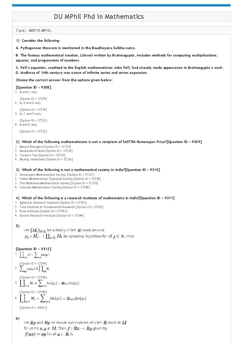DUET 2021 Question Paper M.Phil Ph.D in Mathematics - Page 1