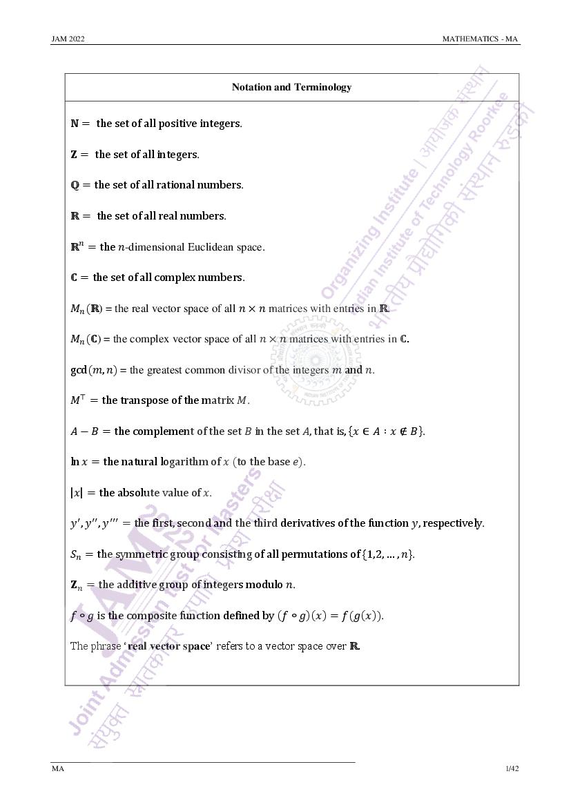 JAM 2022 Question Paper for Mathematics (MA) - Page 1