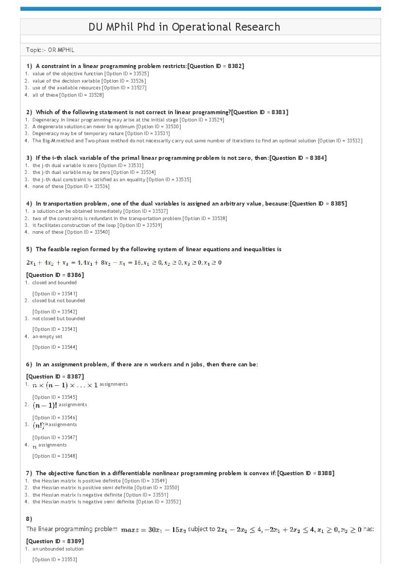 DUET 2021 Question Paper M.Phil Ph.D in Operational Research - Page 1
