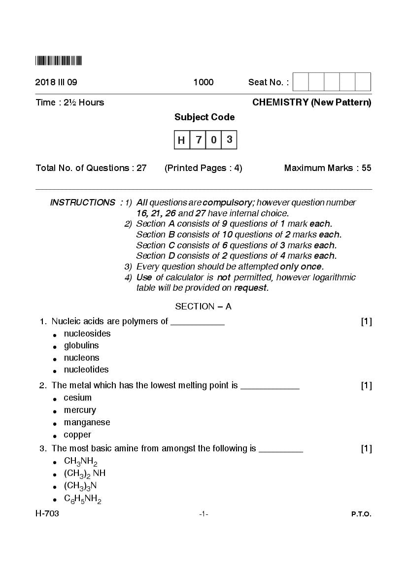 Goa Board Class 12 Question Paper Mar 2018 Chemistry _New Pattern_ - Page 1