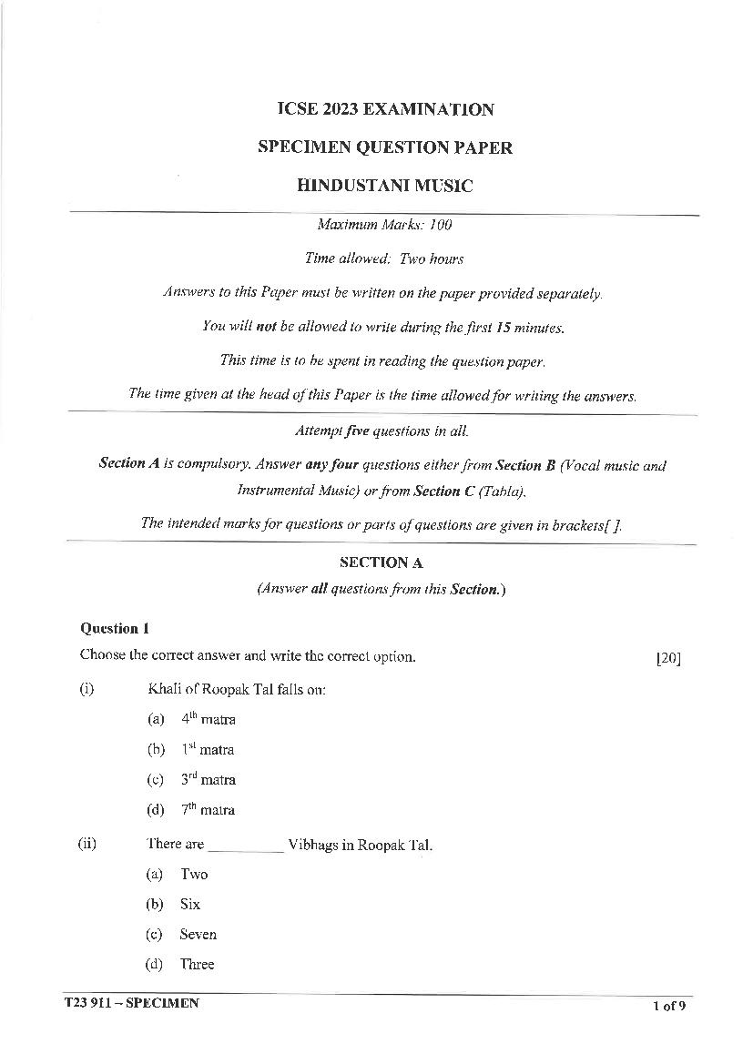 ICSE Class 10 Sample Paper 2023 Music Hindustani - Page 1