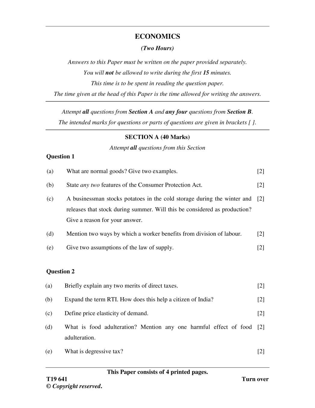ICSE Class 10 Question Paper 2019 for Economics  - Page 1