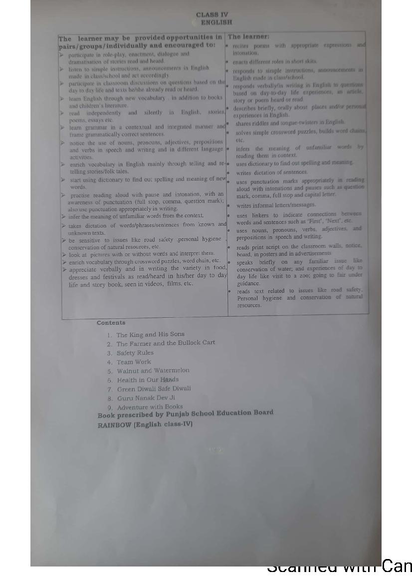 PSEB Syllabus 2021-22 for Class 4 English - Page 1