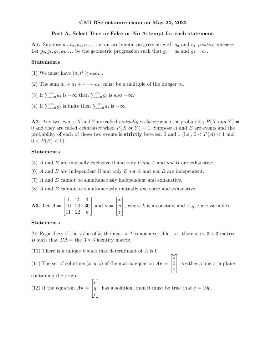 CMI Entrance Exam 2022 Question Papers PDF with Solutions (5 Papers)