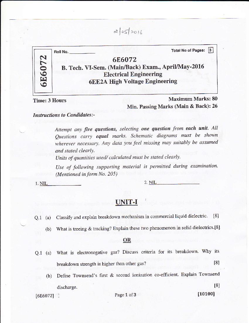 RTU 2016 Question Paper Semester VI Electrical Engineering High Voltage Engineering - Page 1