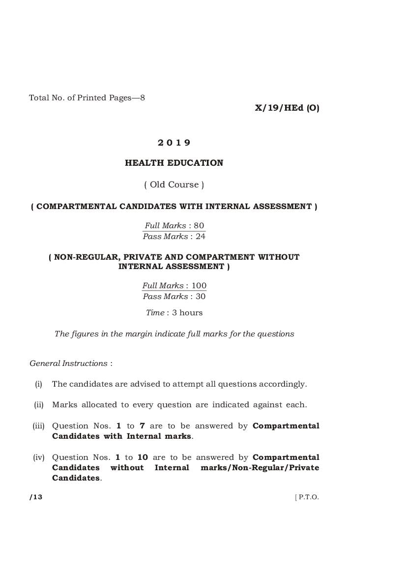 MBOSE Class 10 Question Paper 2019 for Health Course Old Course - Page 1