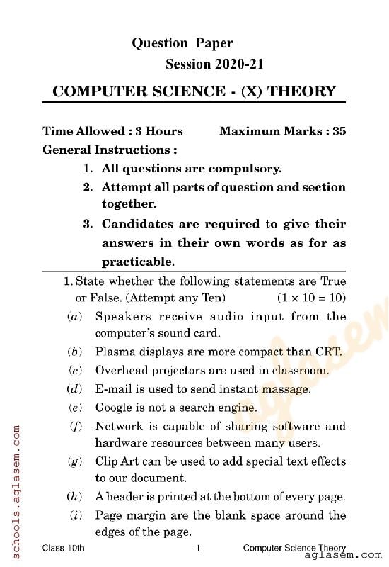 HP Board Class 10 Question Paper 2021 Computer Science - Page 1