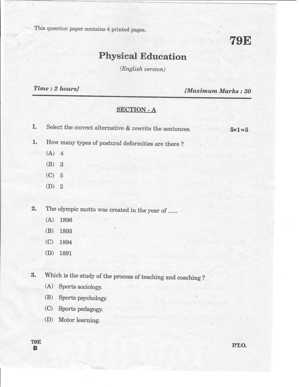 AP 10th Class Question Paper 2019 Physical Education (English Medium) - Page 1