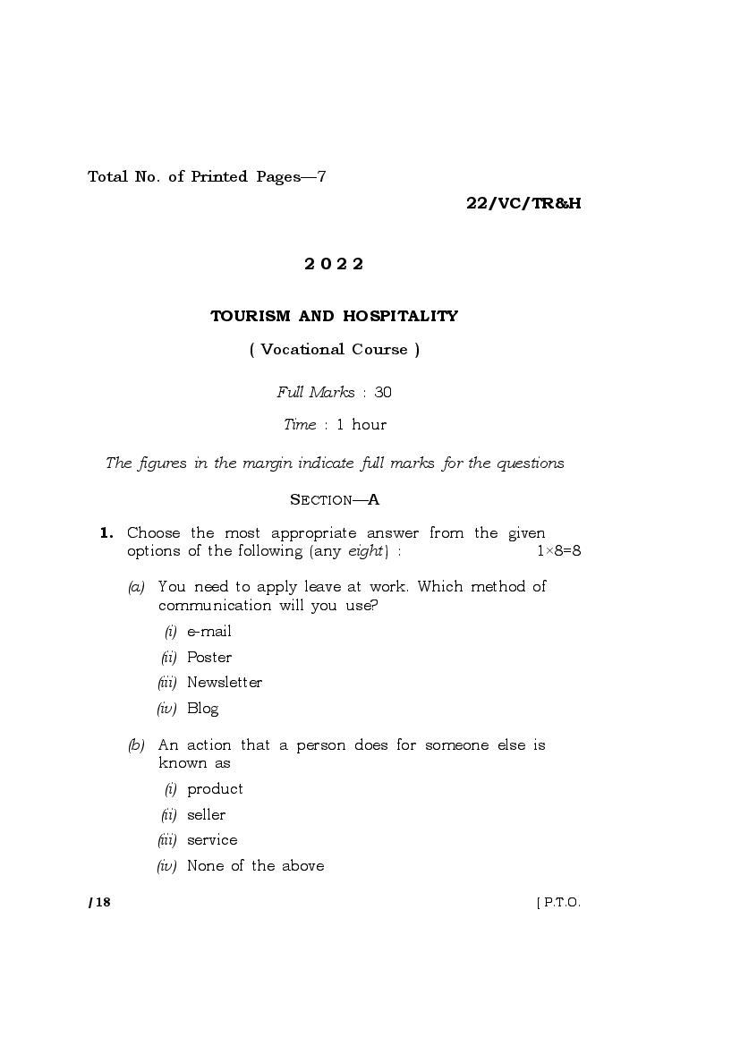 MBOSE Class 10 Question Paper 2022 for Tourism and Hospitality - Page 1