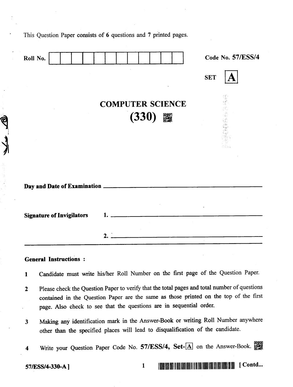 NIOS Class 12 Question Paper Oct 2018 - Computer Science - Page 1