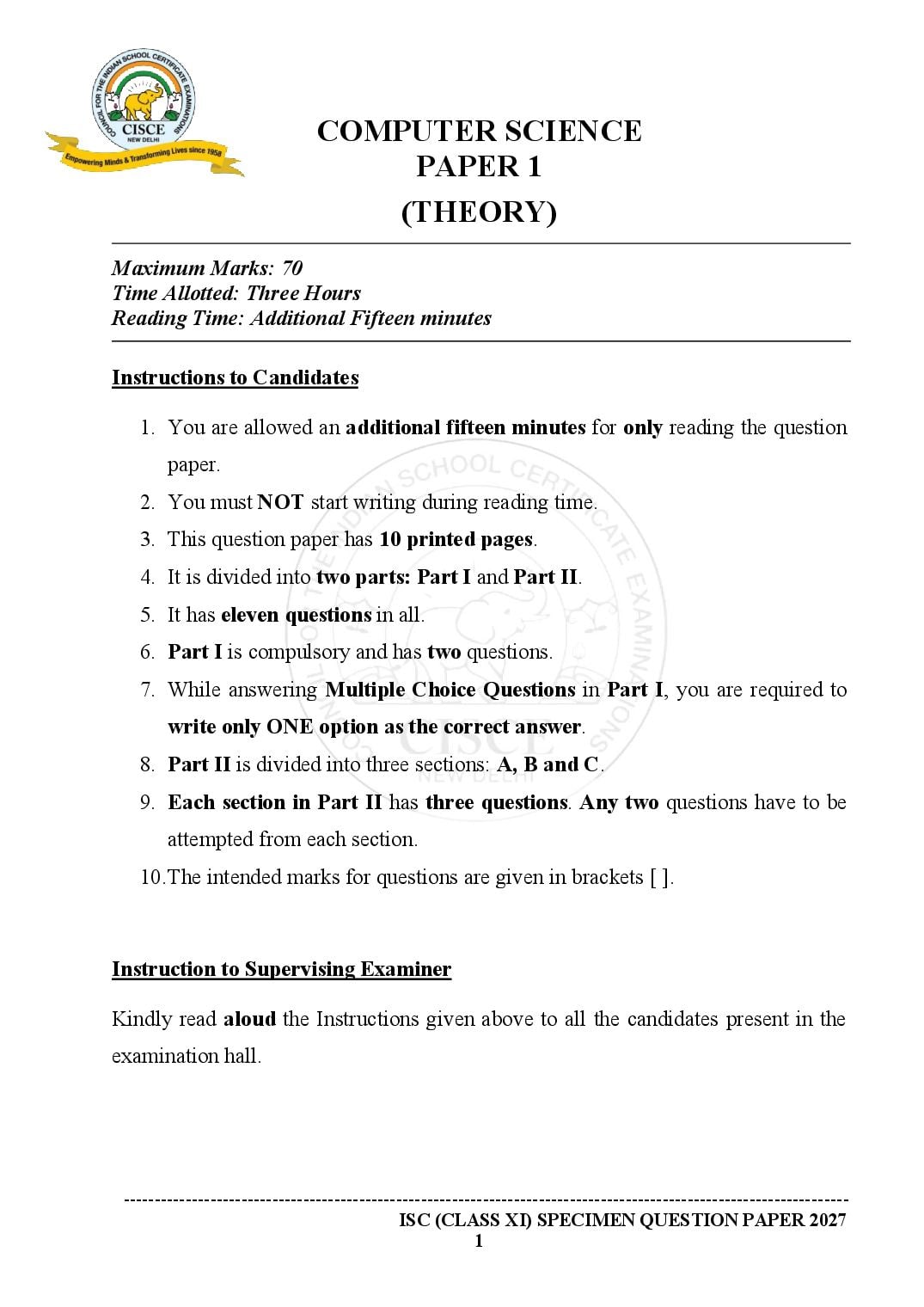 ISC Class 11 Specimen Paper 2027 Computer Science - Page 1 of 19