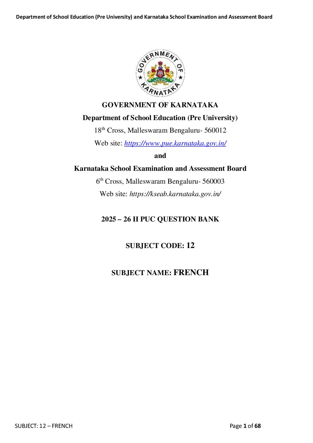 Karnataka 2nd PUC Question Bank 2026 French - Page 1 of 68