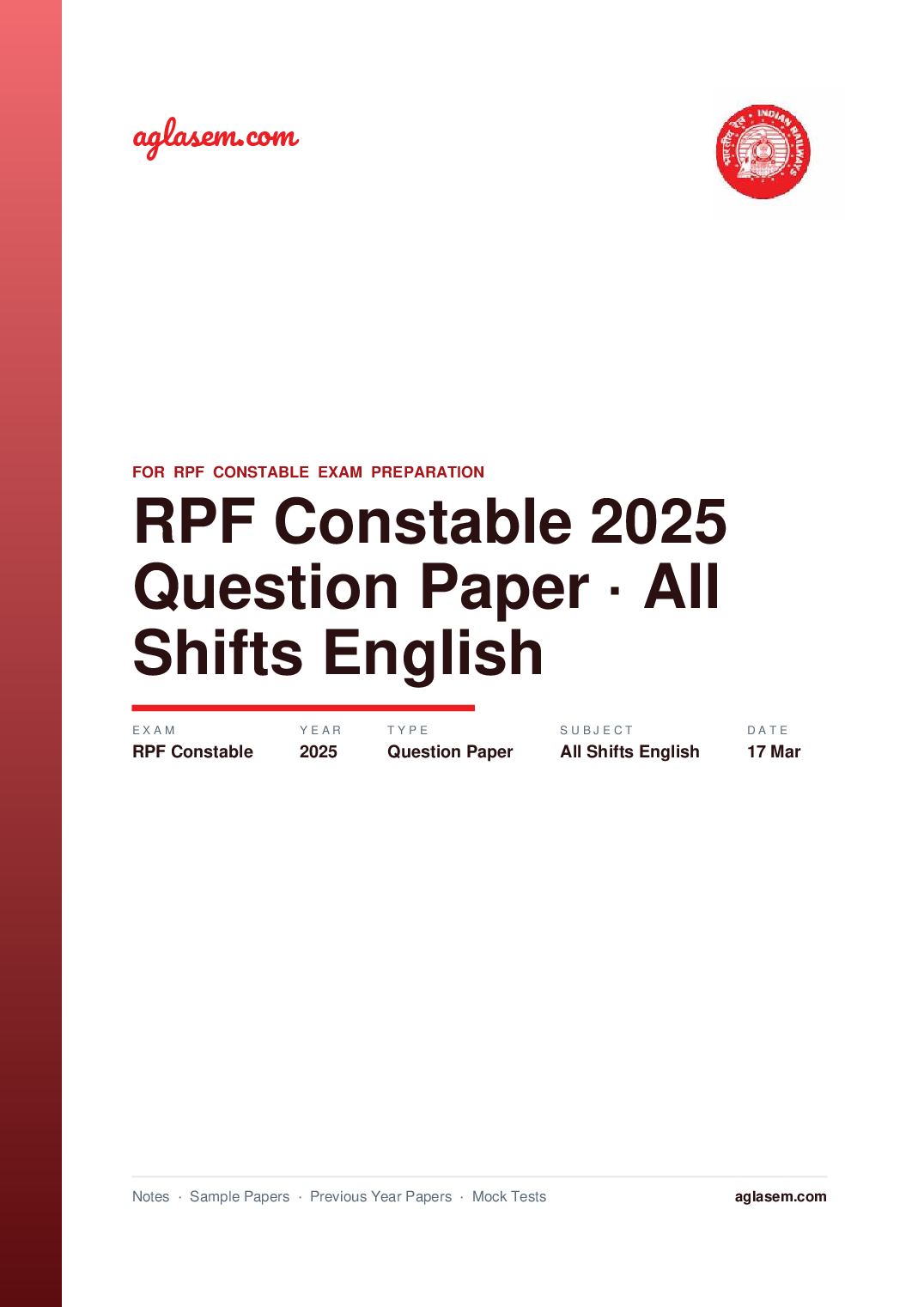 RPF Constable 2025 Question Paper 17 Mar All Shifts (in English) - Page 1 of 62