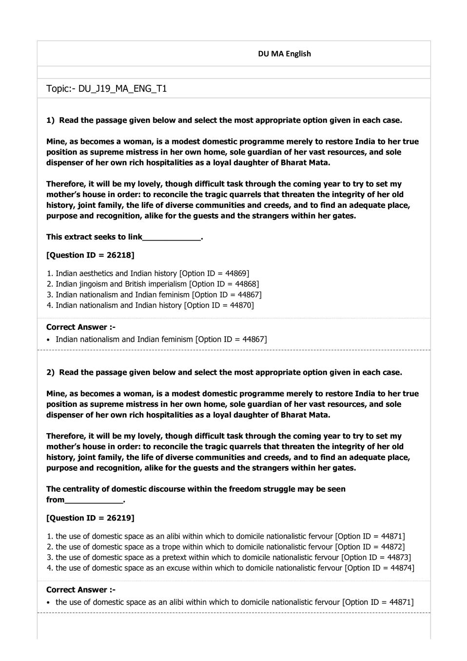 DUET Question Paper 2019 for MA English - Page 1