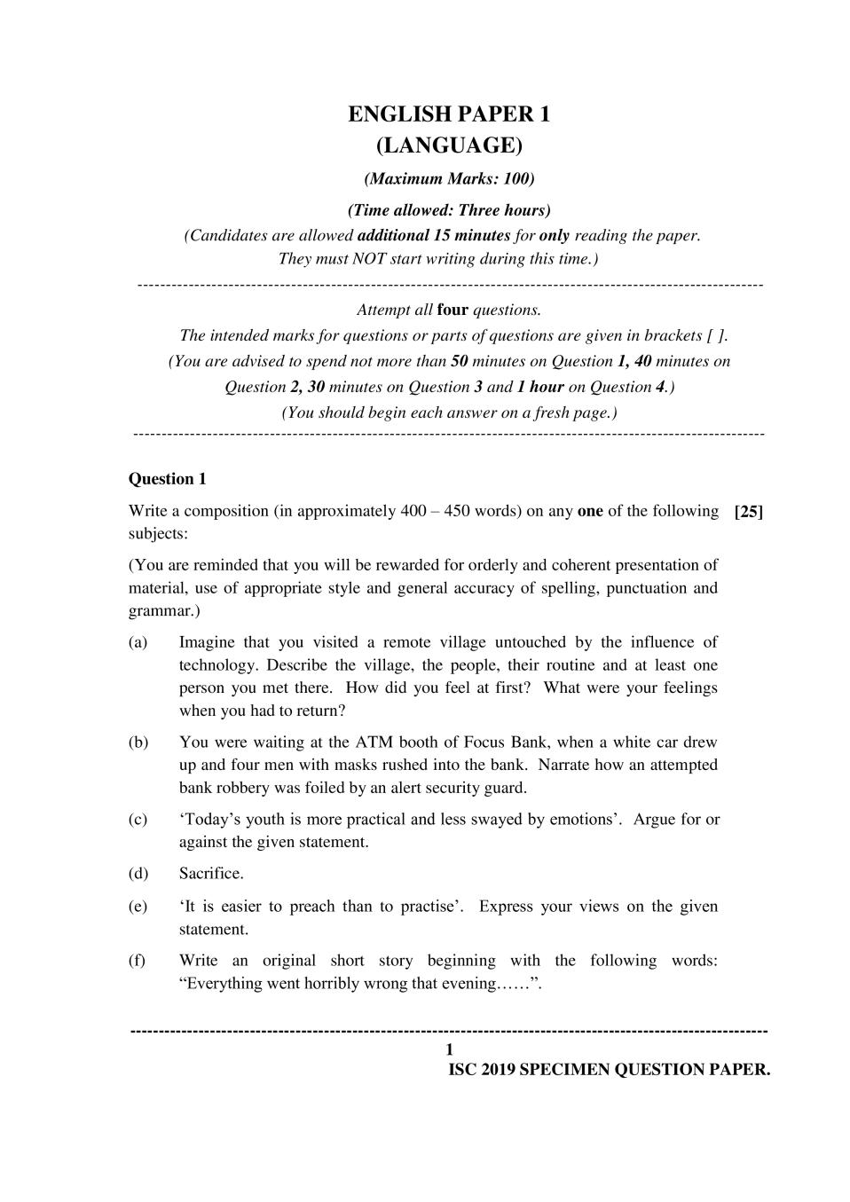 ISC Class 12 Specimen Paper 2019 for English Paper 1 - Page 1