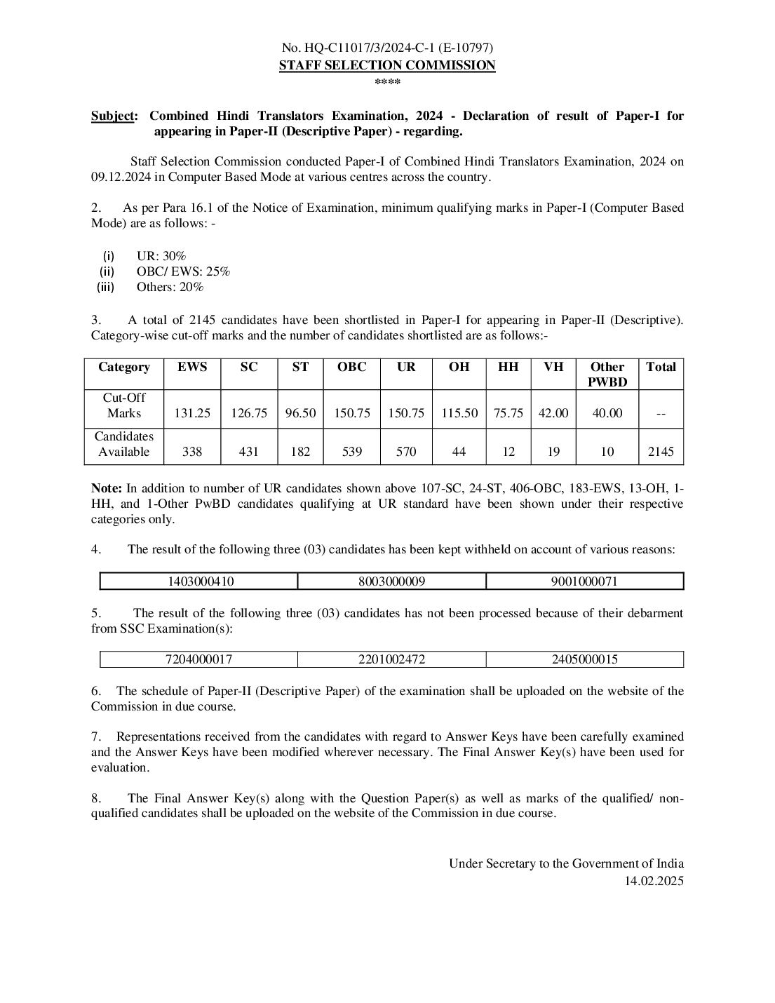 SSC JHT 2024 Cut Off Paper 1 - Page 1 of 1