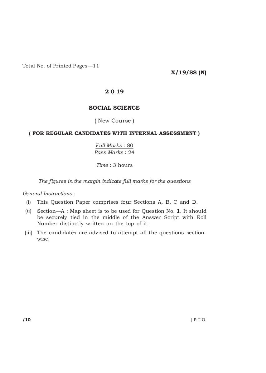 MBOSE Class 10 Question Paper 2019 for Social Science New Course - Page 1