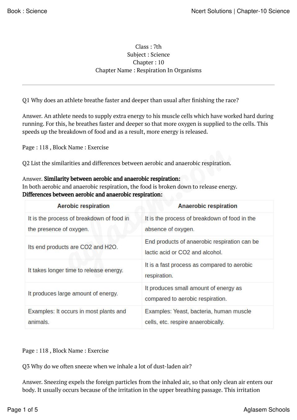 NCERT Solutions for Class 7 Science Chapter 10 Respiration In Organisms