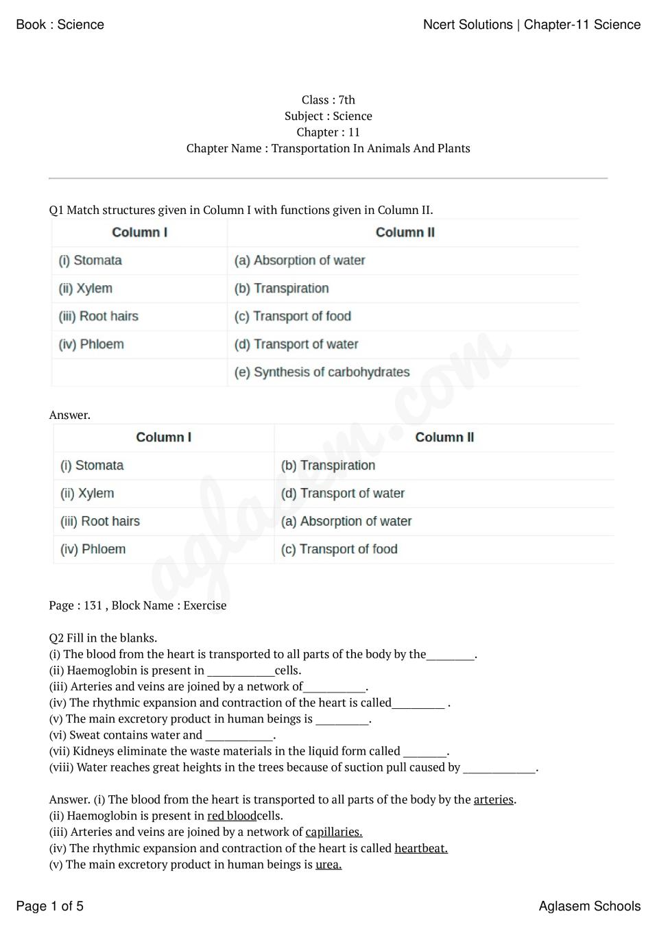 NCERT Solutions for Class 7 Science Chapter 11 Transportation in Animals  and Plants