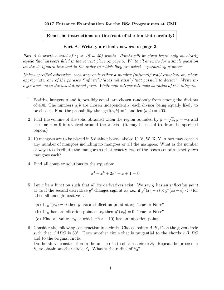CMI Entrance Exam 2017 Question Paper for B.Sc (Hons.) Mathematics and Computer Science - Page 1