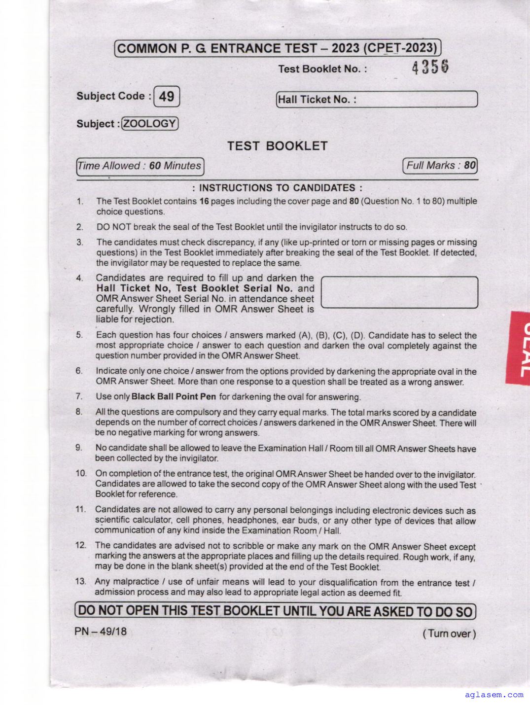 Odisha CPET 2023 Question Paper Zoology - Page 1 of 16