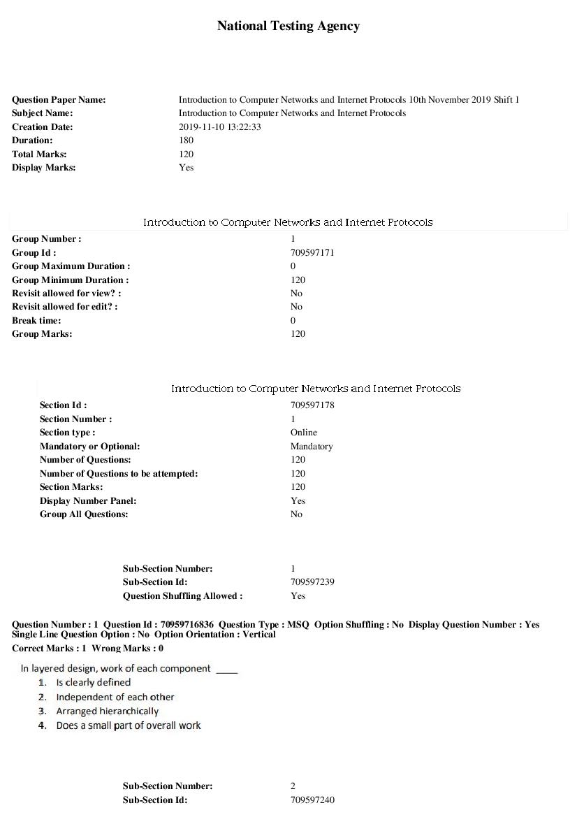 SWAYAM 2019 Question Paper Introduction to Computer Networks and Internet Protocols Shift 1 - Page 1 of 24