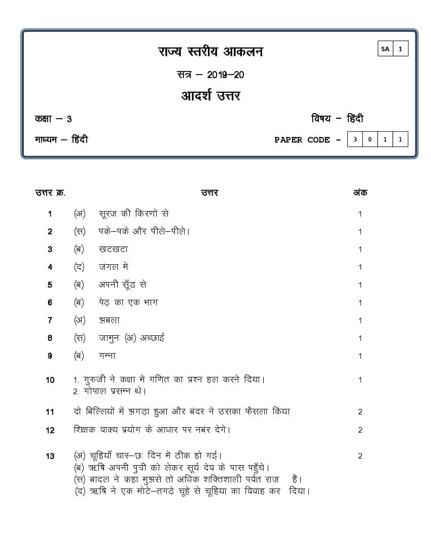 CG Board Class 3 Question Paper 2020 Solutions Hindi (SA1) - Page 1