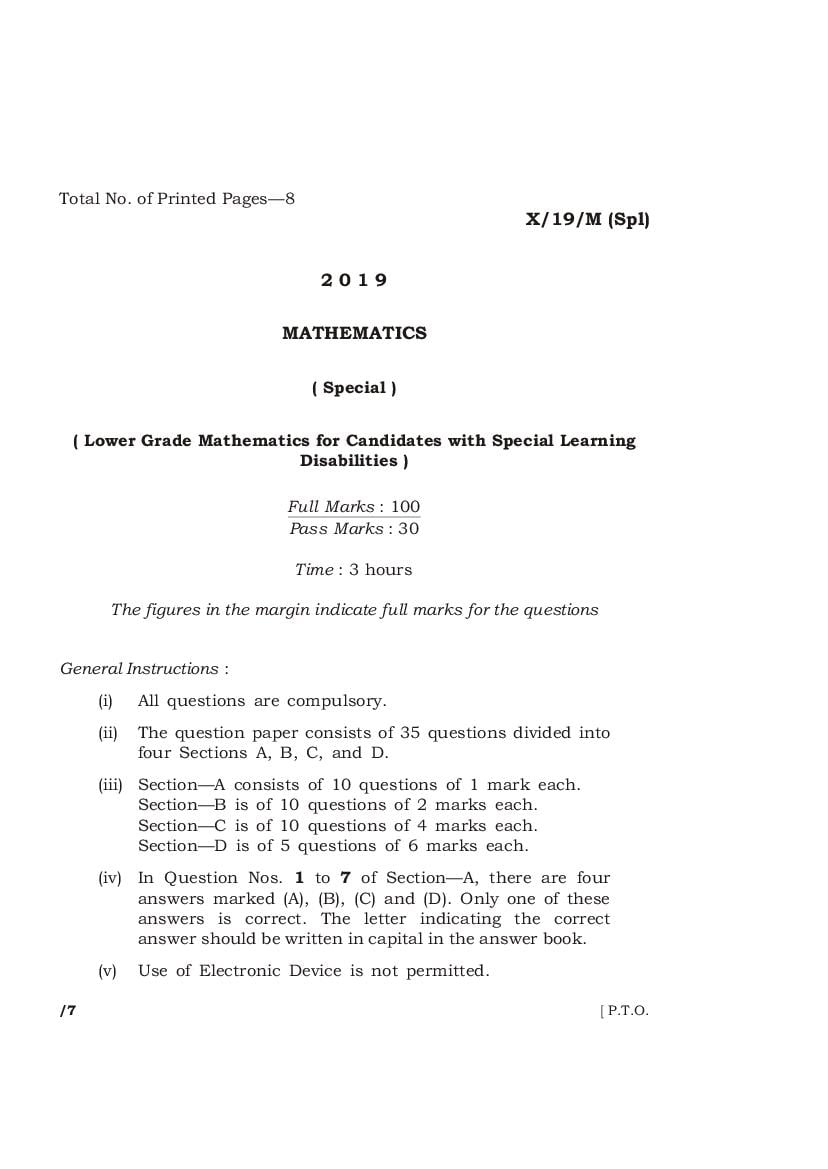 MBOSE Class 10 Question Paper 2019 for Mathematics Special - Page 1