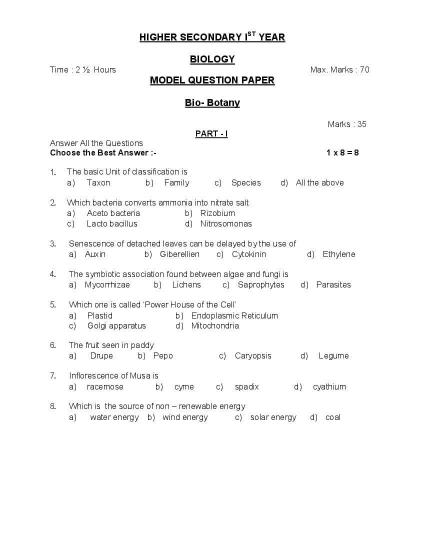 TN 11th Model Question Paper Biology - Page 1
