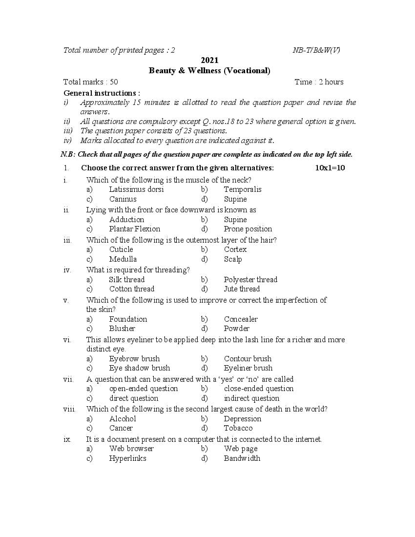 NBSE Class 10 Question Paper 2021 for Beauty and Wellness - Page 1
