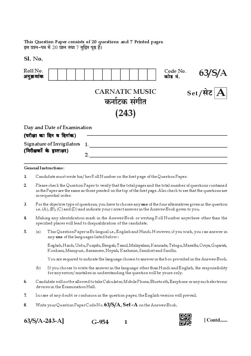 NIOS Class 10 Question Paper 2022 (Apr) Music Carnatic - Page 1