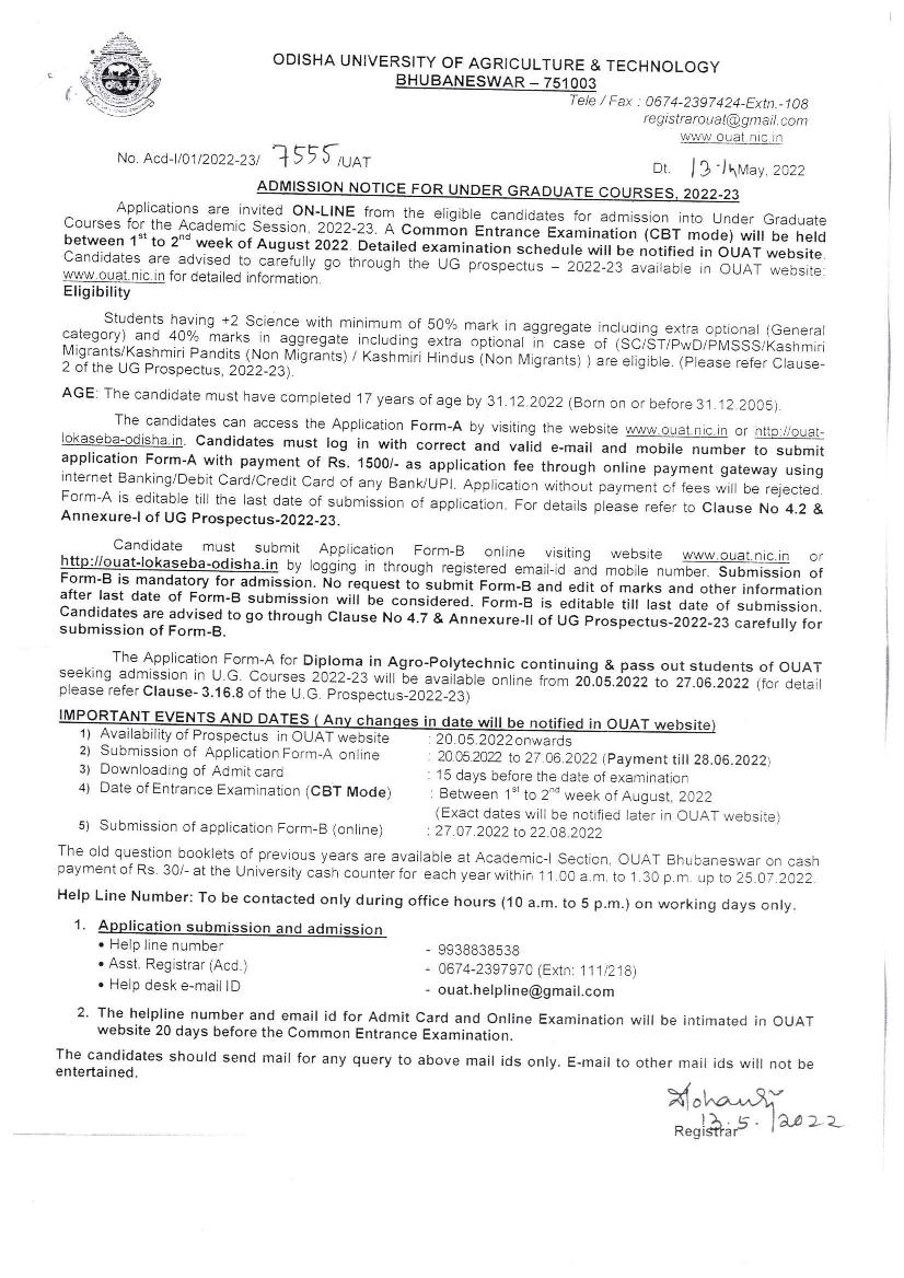 OUAT 2022 Admission Notification - Page 1