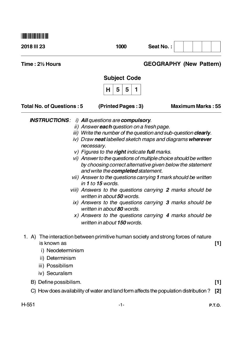 Goa Board Class 12 Question Paper Mar 2018 Geography _New Pattern_ - Page 1