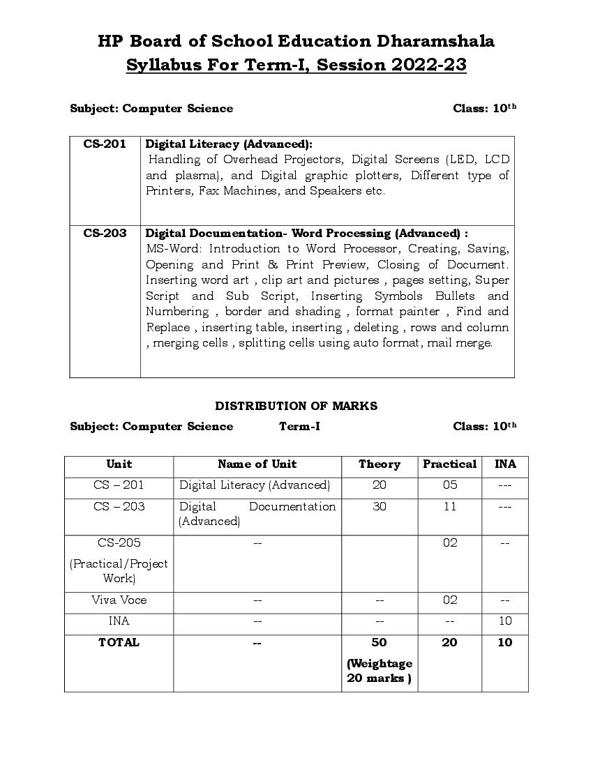 HP Board Class 10 Syllabus 2023 Computer Science - Page 1