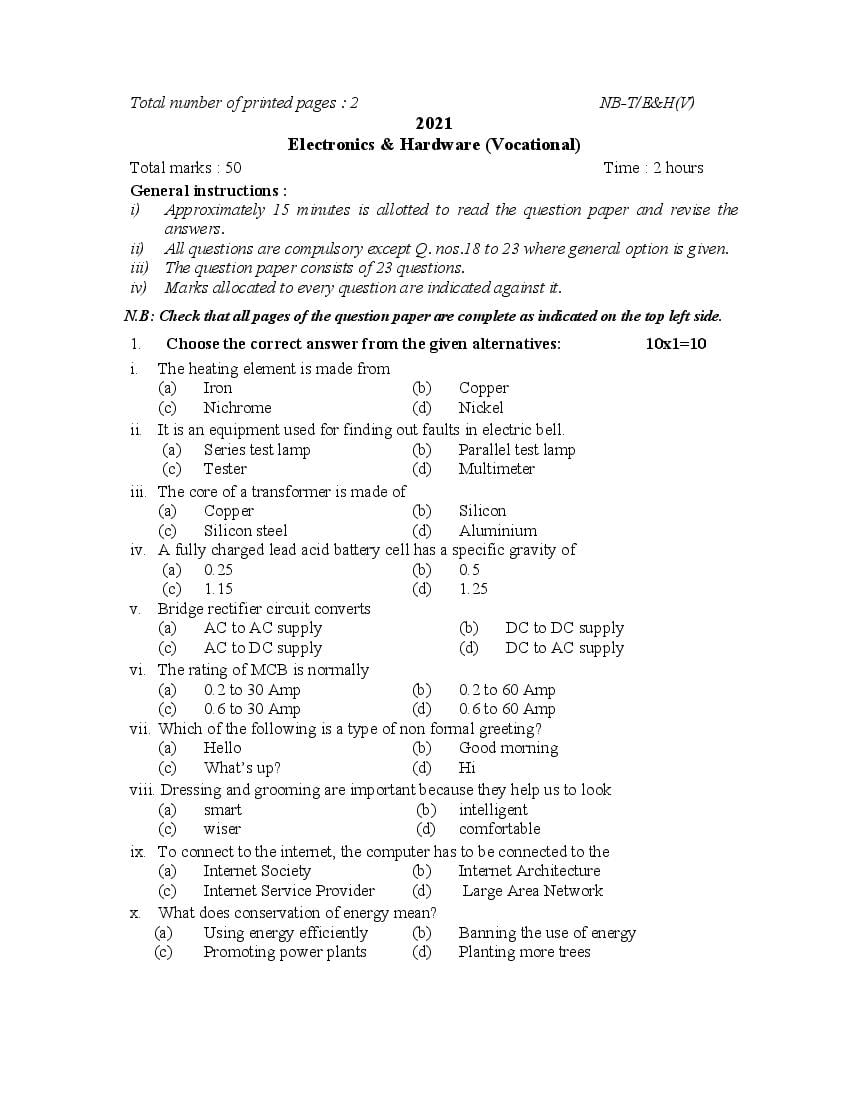 NBSE Class 10 Question Paper 2021 for Electronics and Hardware - Page 1
