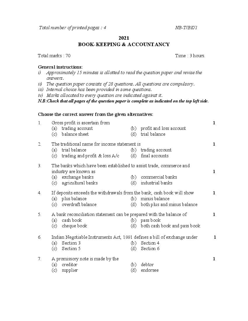 NBSE Class 10 Question Paper 2021 for Book Keeping and Accountancy - Page 1