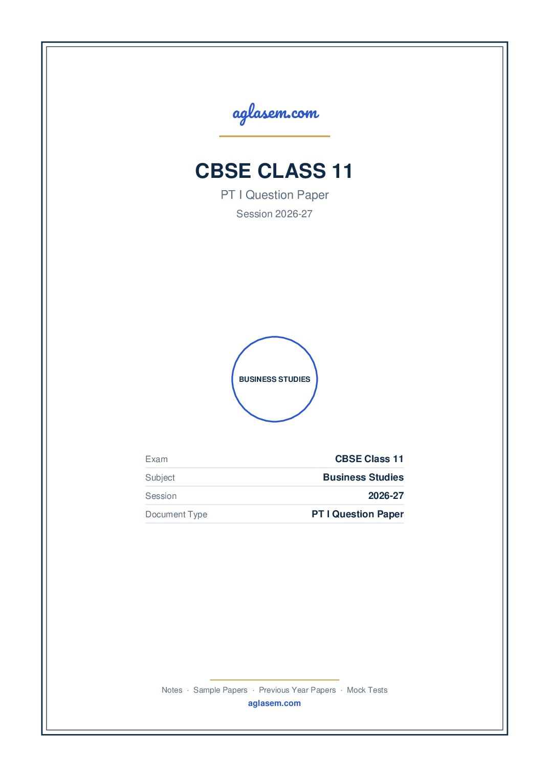 Class 11 PT I Question Paper 2026-27 Business Studies - Page 1 of 3