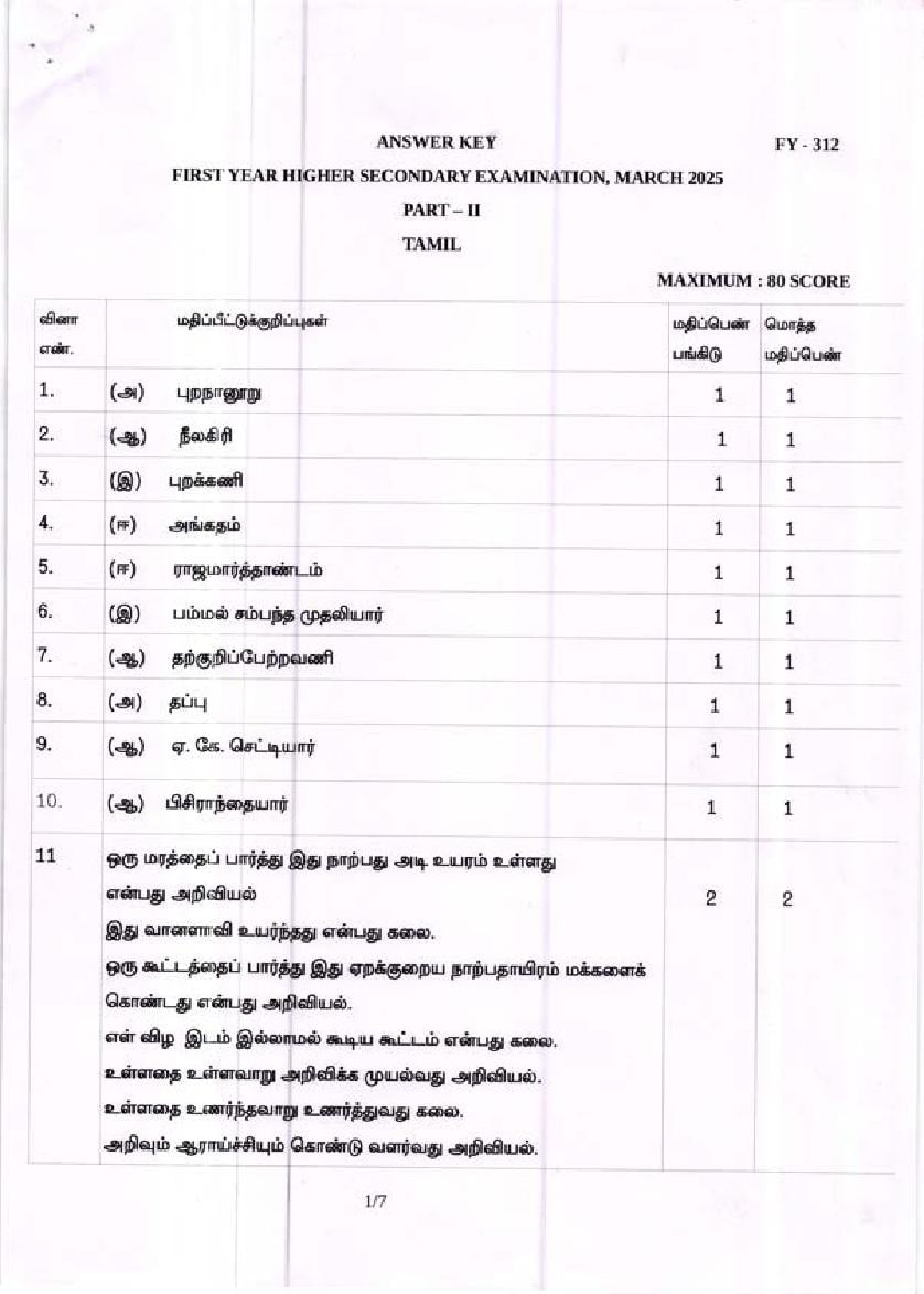 Kerala Plus One Answer Key 2025 Tamil - Page 1