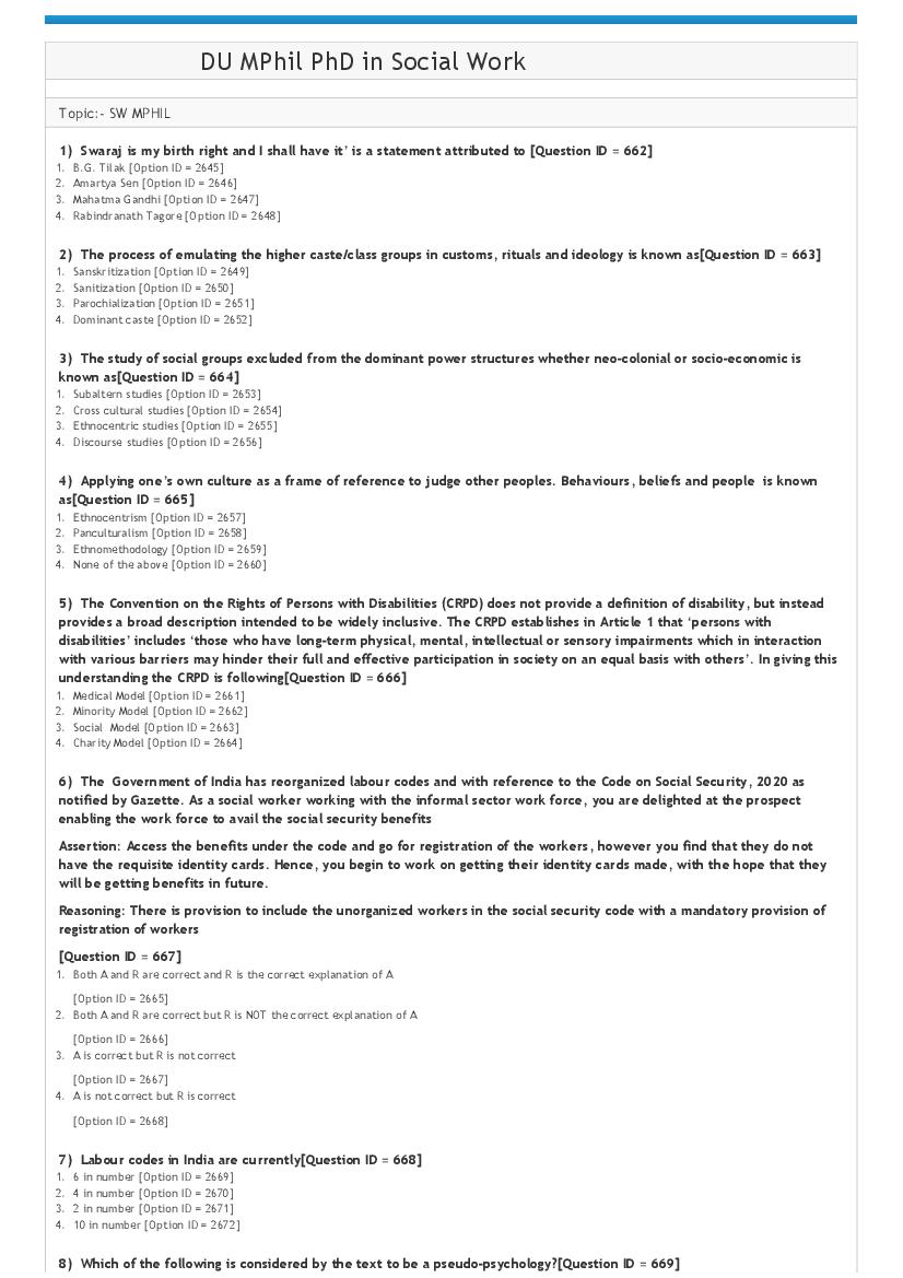 DUET 2021 Question Paper M.Phil Ph.D in Social Work - Page 1