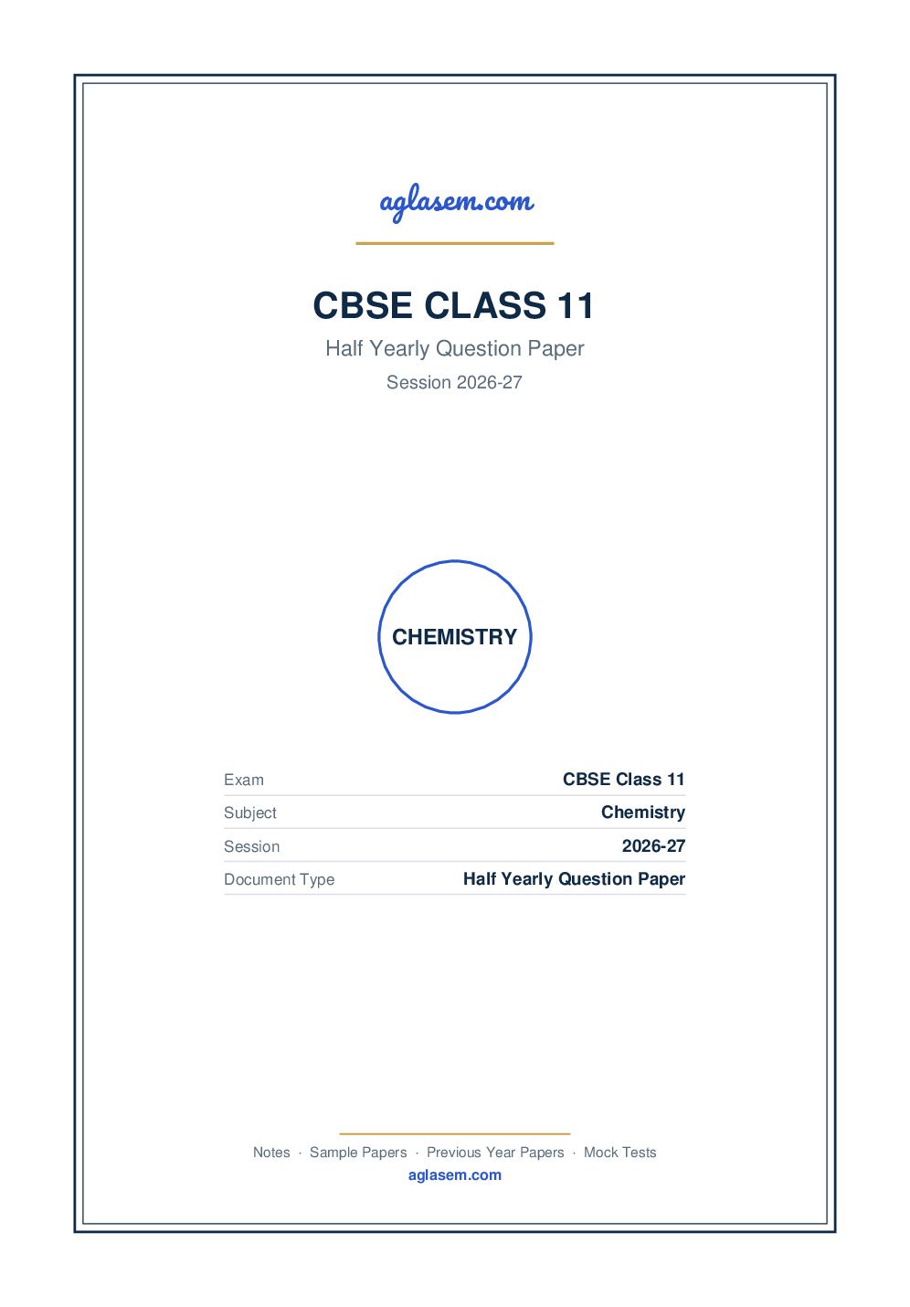 Class 11 Half Yearly Question Paper 2026-27 Chemistry - Page 1 of 7