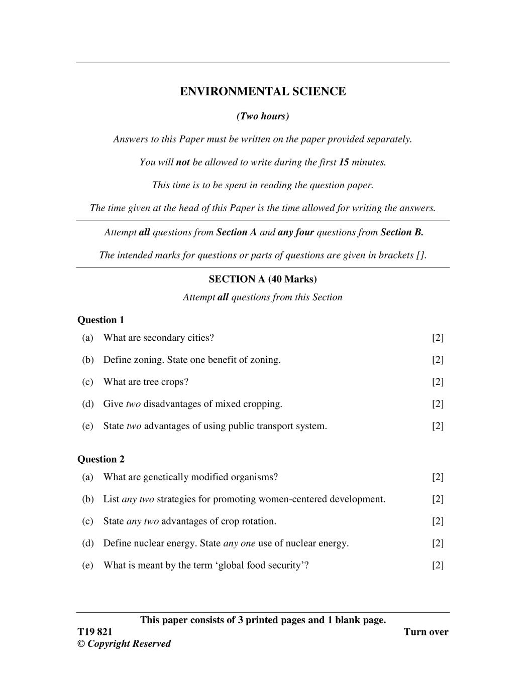 ICSE Class 10 Question Paper 2019 for Environmental Science  - Page 1