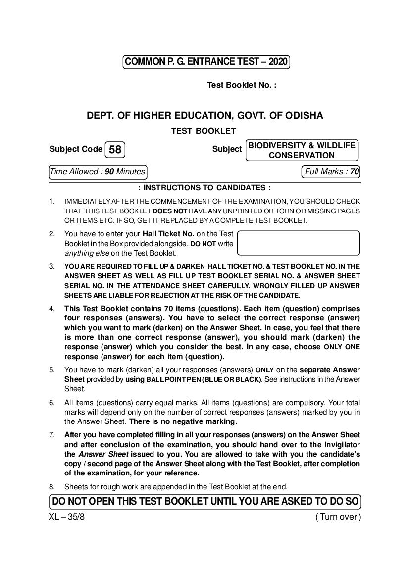 Odisha CPET 2020 Question Paper Wild Life and Biodiversity Conservation - Page 1