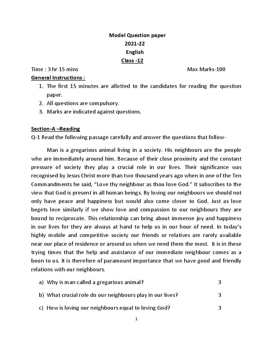 UP Board Class 12 Model Paper 2022 English - Page 1