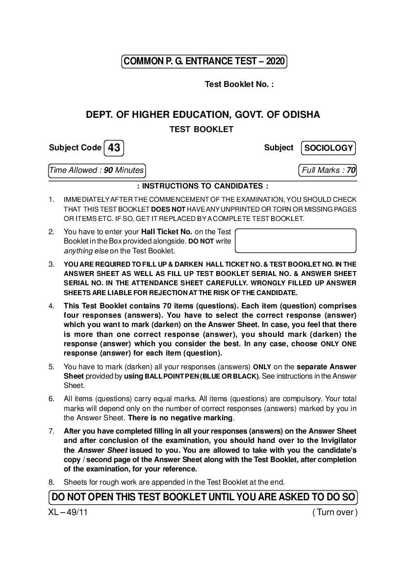 Odisha CPET 2020 Question Paper Sociology - Page 1