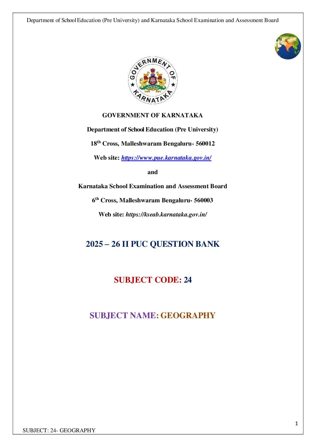 Karnataka 2nd PUC Question Bank 2026 Geography - Page 1 of 82