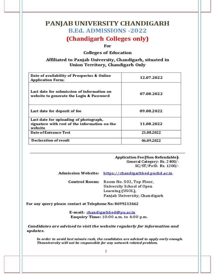 Chandigarh B.Ed 2022 Information Brochure - Page 1