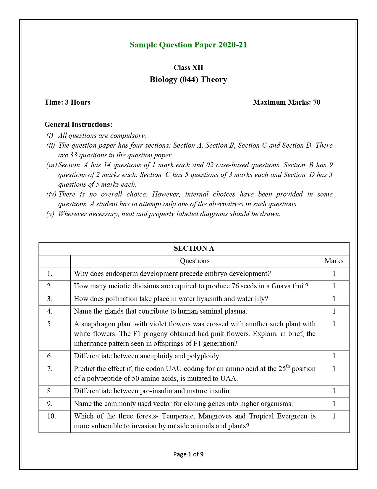 CBSE Class 12 Sample Paper 2021 for Biology - Page 1
